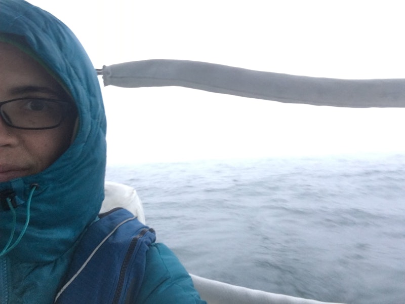 Approaching Block Island in fog and winter jackets